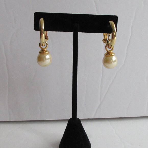 Clip On Hoop Huggie Earrings with Faux Pearl Dangle Charm Gold Tone Metal - Picture 3 of 11